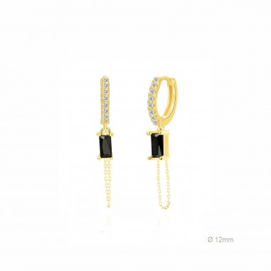 Pendientes Aro Dorado Cir. Rect. Negra + Cadena