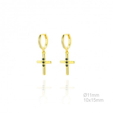 Pendientes Aro Dorado 11mm Liso Cruz 3 Circ Negra