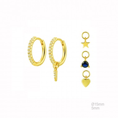 Pendientes Aro15mm Dorado Corazón-Estrella-Pincho-Circ Azul