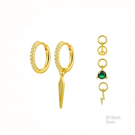 Pendientes Aro 15mm Dorado Paz-Pincho-Rayo-Circ Verde 