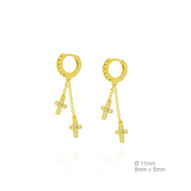 Pendientes Aro Dorado 12mm Doble Cruz Circ. Cadenas