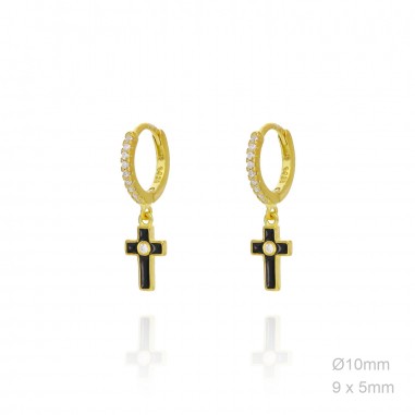 Pendientes Aro Dorado Esmalte Negro Cruz Circ