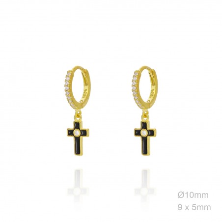 Pendientes Aro Dorado Esmalte Negro Cruz Circ