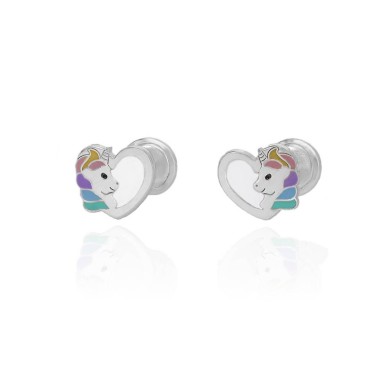 Pendientes Corazón Unicornio Esmalte Rosca