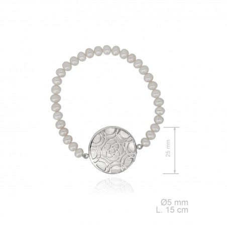 Pulsera elástica de perlas cultivada con motivo de plata y nacar  